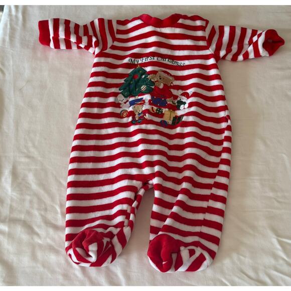 Little Me 3Month Sleeper Red / White stripe | My First Christmas print Snap back - Picture 1 of 1